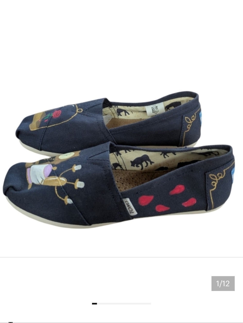 TOMS Custom Hand Painted Beauty and the Beast Navy Flats Size 7